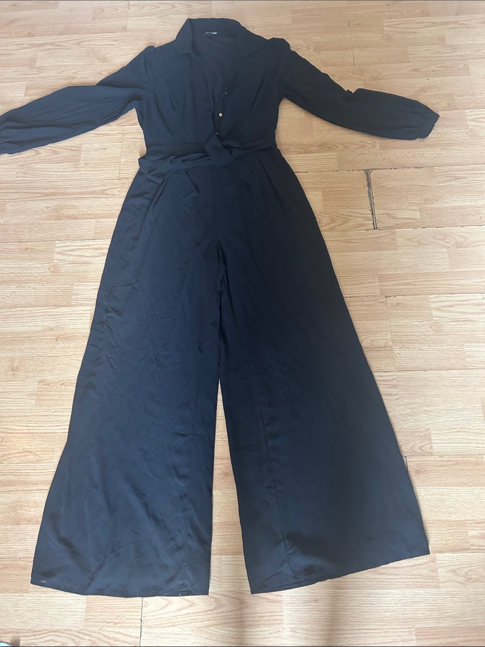 Fashion Nova Black Long-Sleeve Wide-Leg Tie-Waist Jumpsuit
